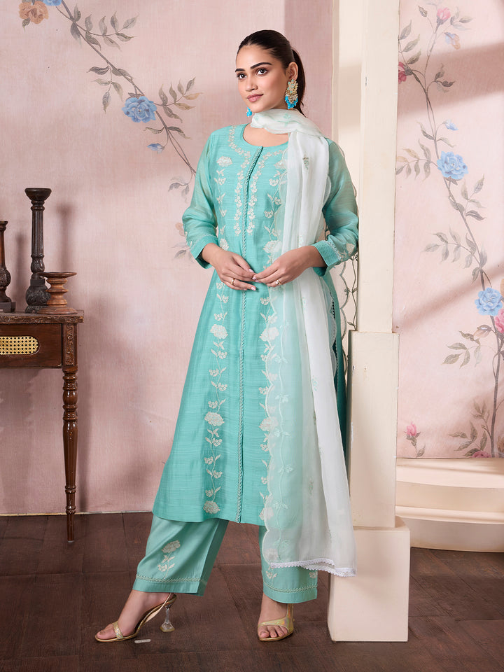 Turquoise Semi Silk Suit Set with Dupatta