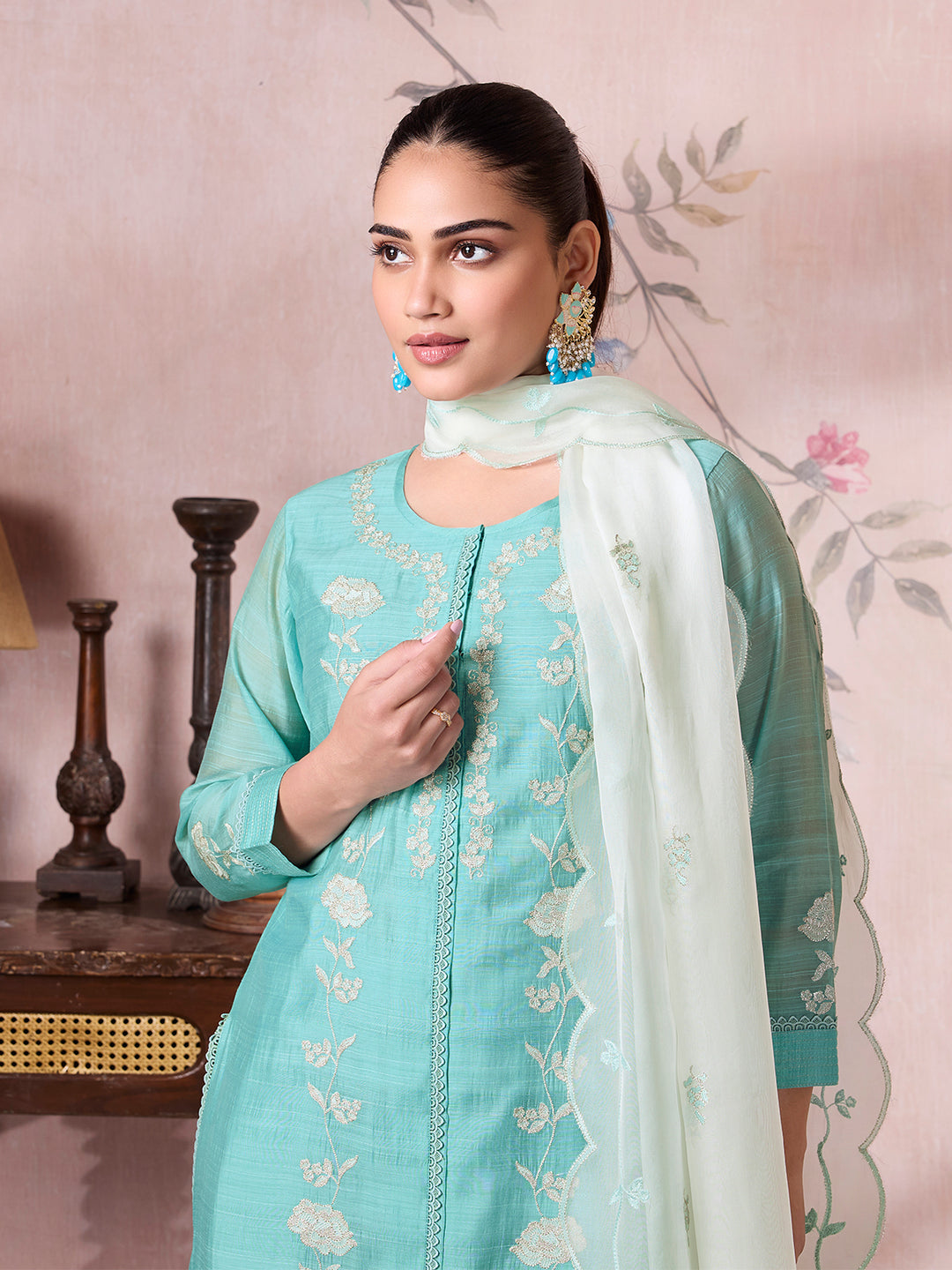 Turquoise Semi Silk Suit Set with Dupatta