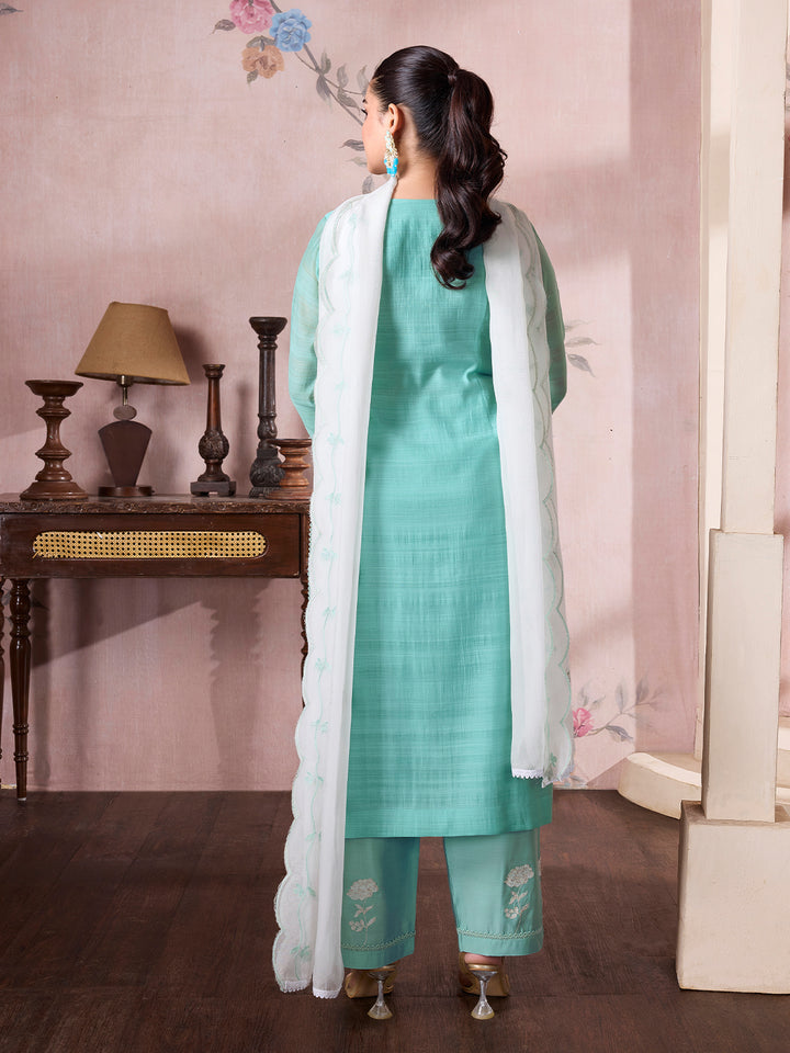 Turquoise Semi Silk Suit Set with Dupatta