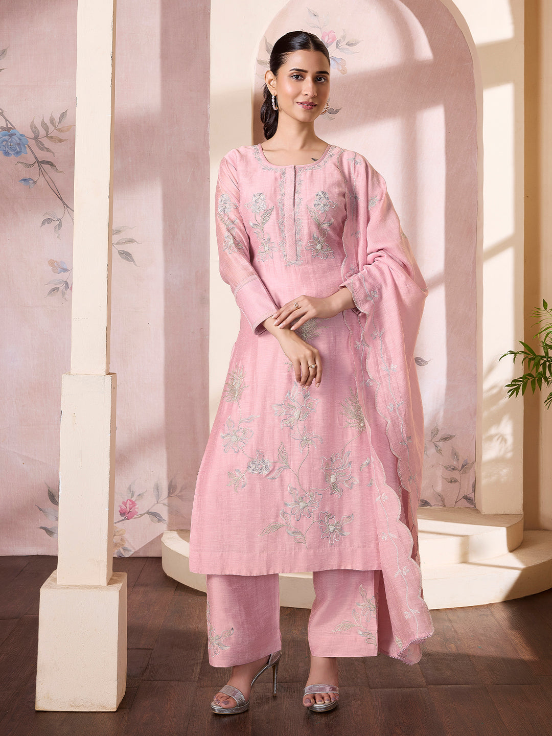 Blush Pink  Linen Viscose Suit Set with Dupatta