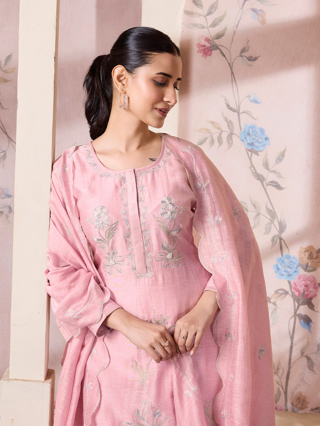 Blush Pink  Linen Viscose Suit Set with Dupatta