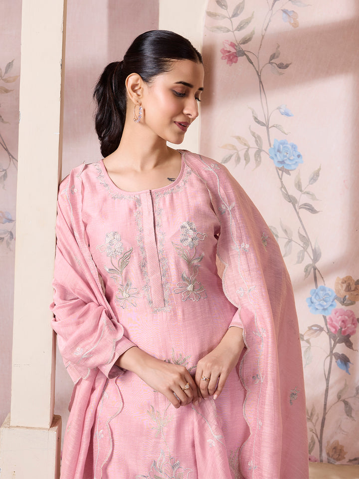 Blush Pink  Linen Viscose Suit Set with Dupatta