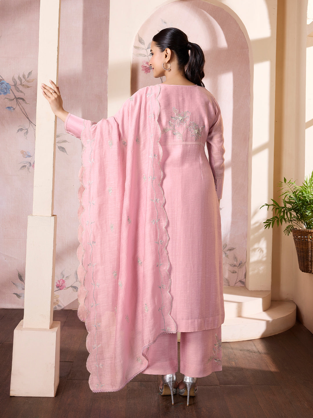 Blush Pink  Linen Viscose Suit Set with Dupatta