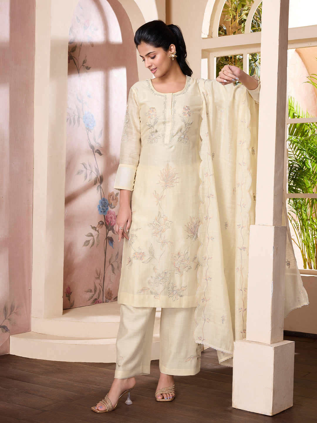 Light Yellow  Linen Viscose Suit Set with Dupatta