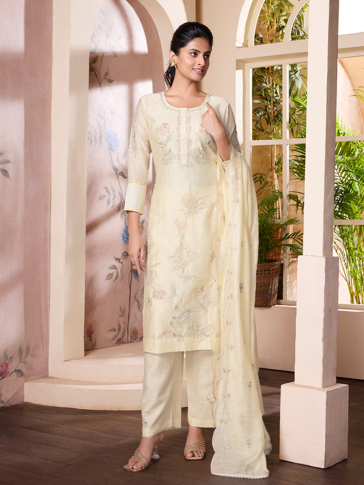 Light Yellow  Linen Viscose Suit Set with Dupatta