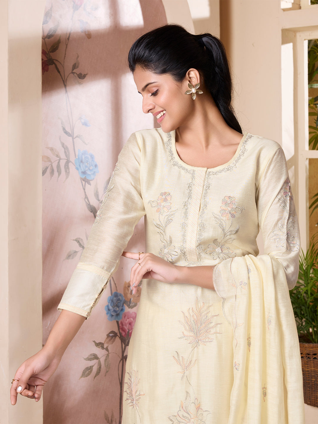 Light Yellow  Linen Viscose Suit Set with Dupatta