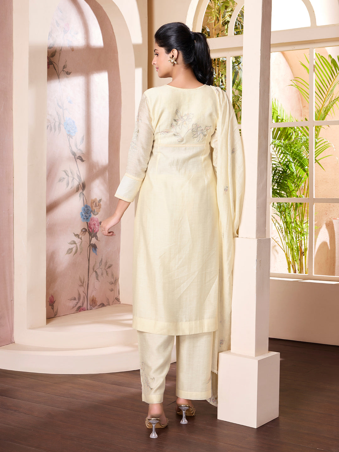 Light Yellow  Linen Viscose Suit Set with Dupatta