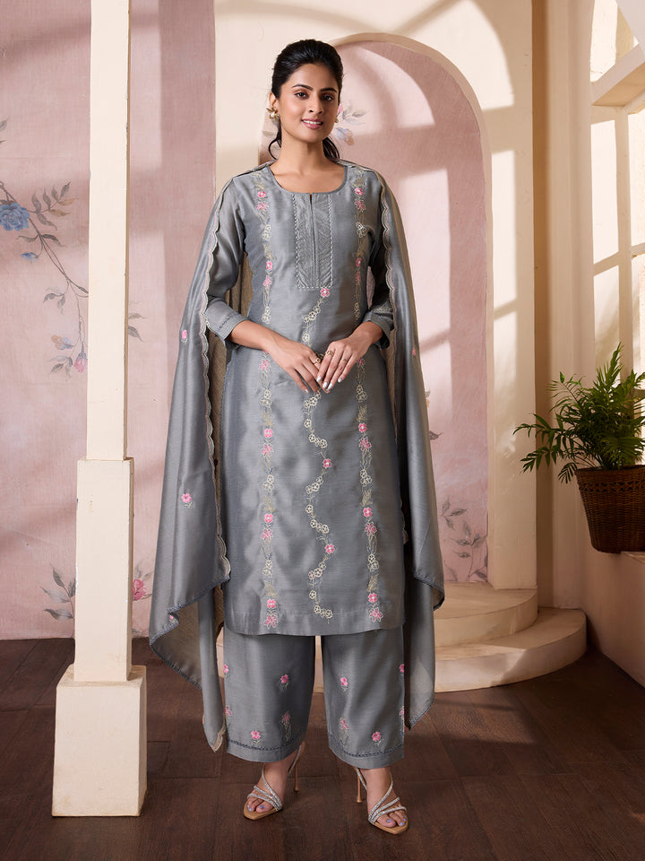 Sate Grey Semi Silk Suit Set with Dupatta
