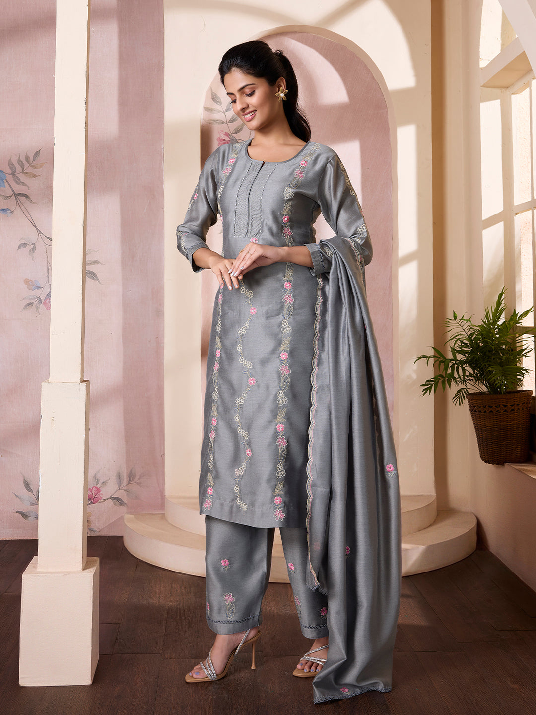 Sate Grey Semi Silk Suit Set with Dupatta