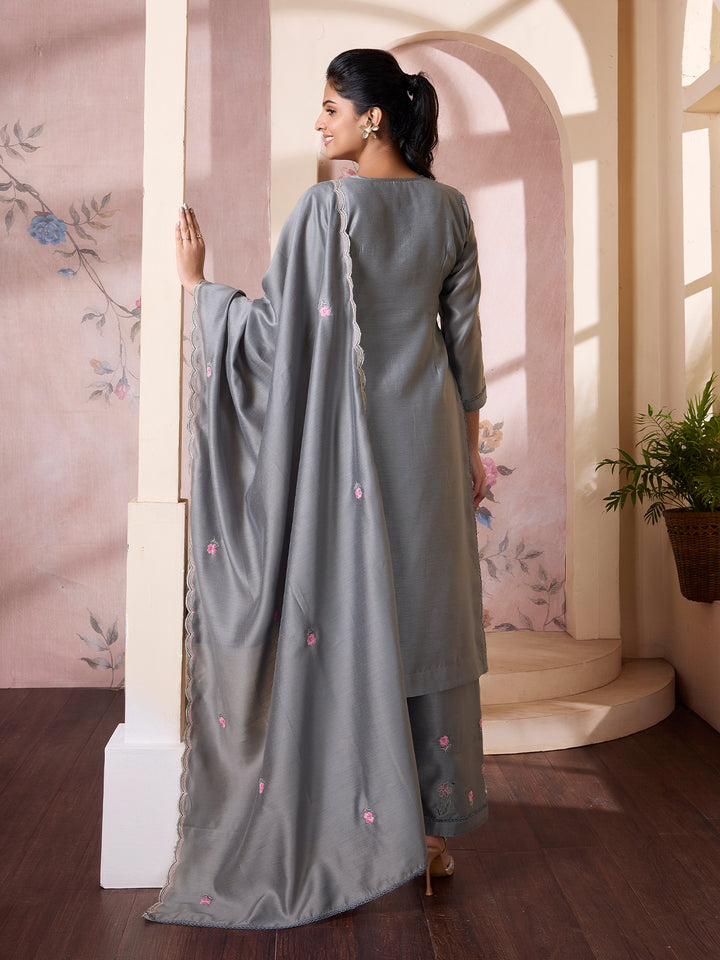 Sate Grey Semi Silk Suit Set with Dupatta