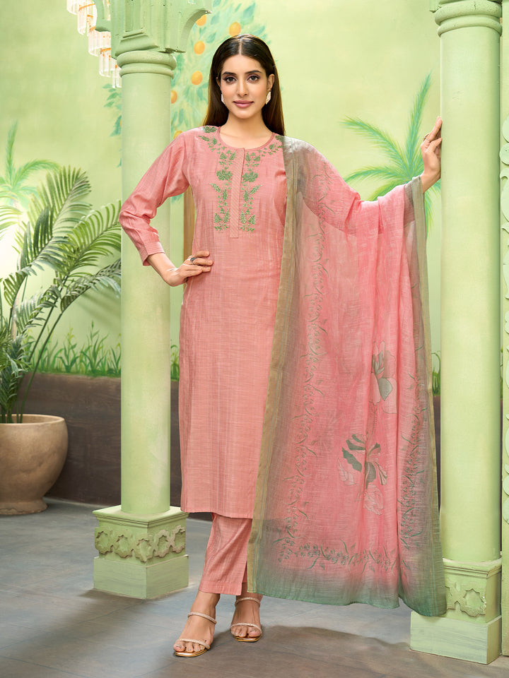 Peach Embroidered Suit Set with Dupatta
