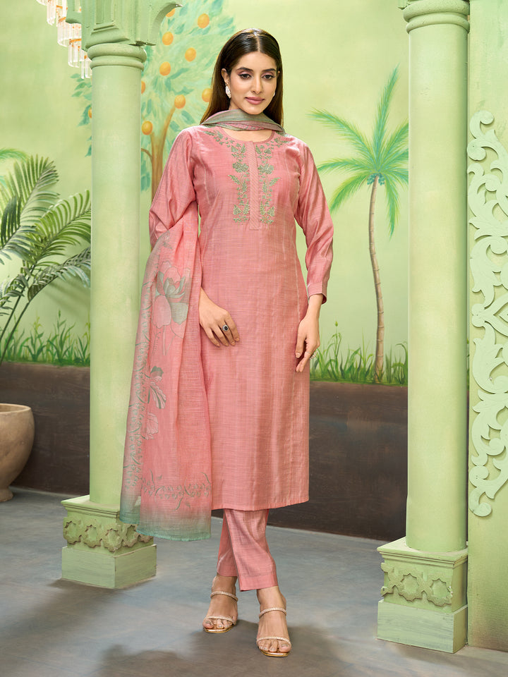 Peach Embroidered Suit Set with Dupatta