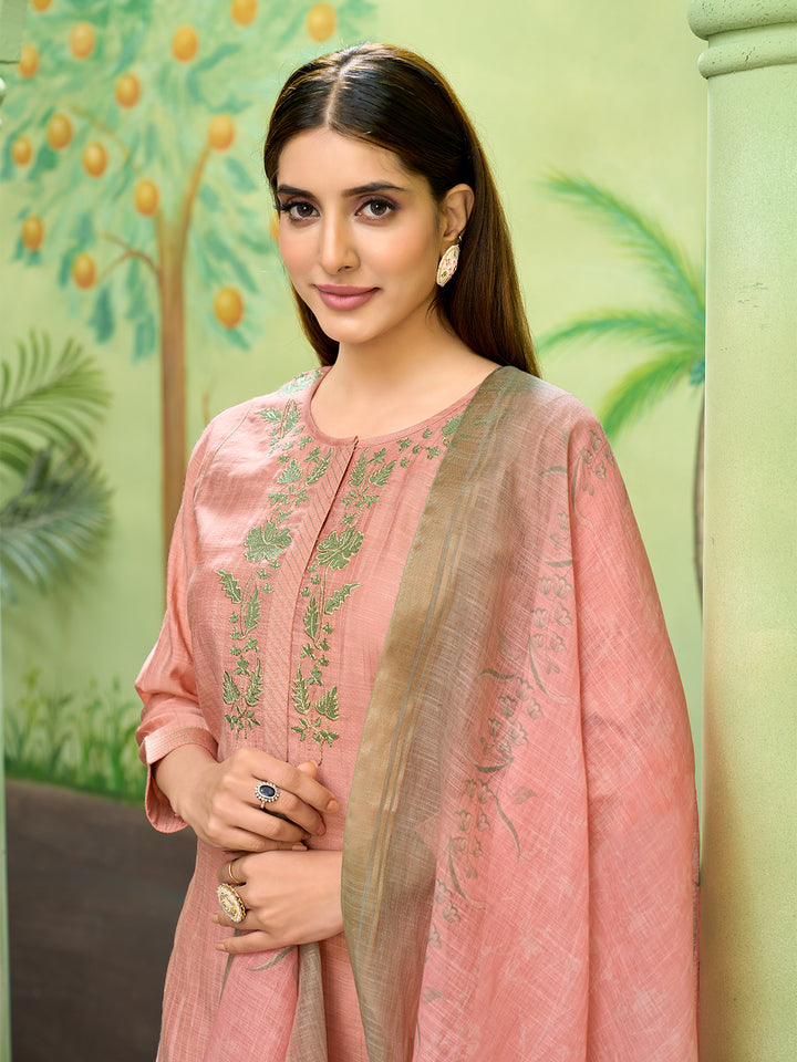 Peach Embroidered Suit Set with Dupatta