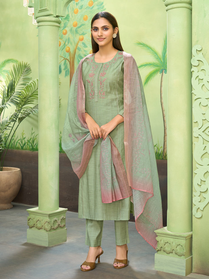 Sage Green Embroidered Suit Set with Dupatta
