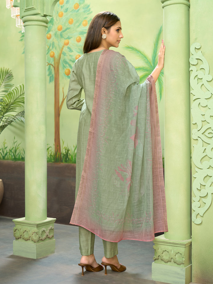 Sage Green Embroidered Suit Set with Dupatta