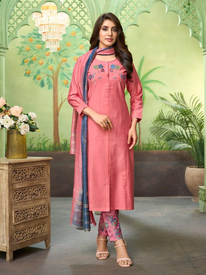 Peach Embroidered Suit Set with Dupatta
