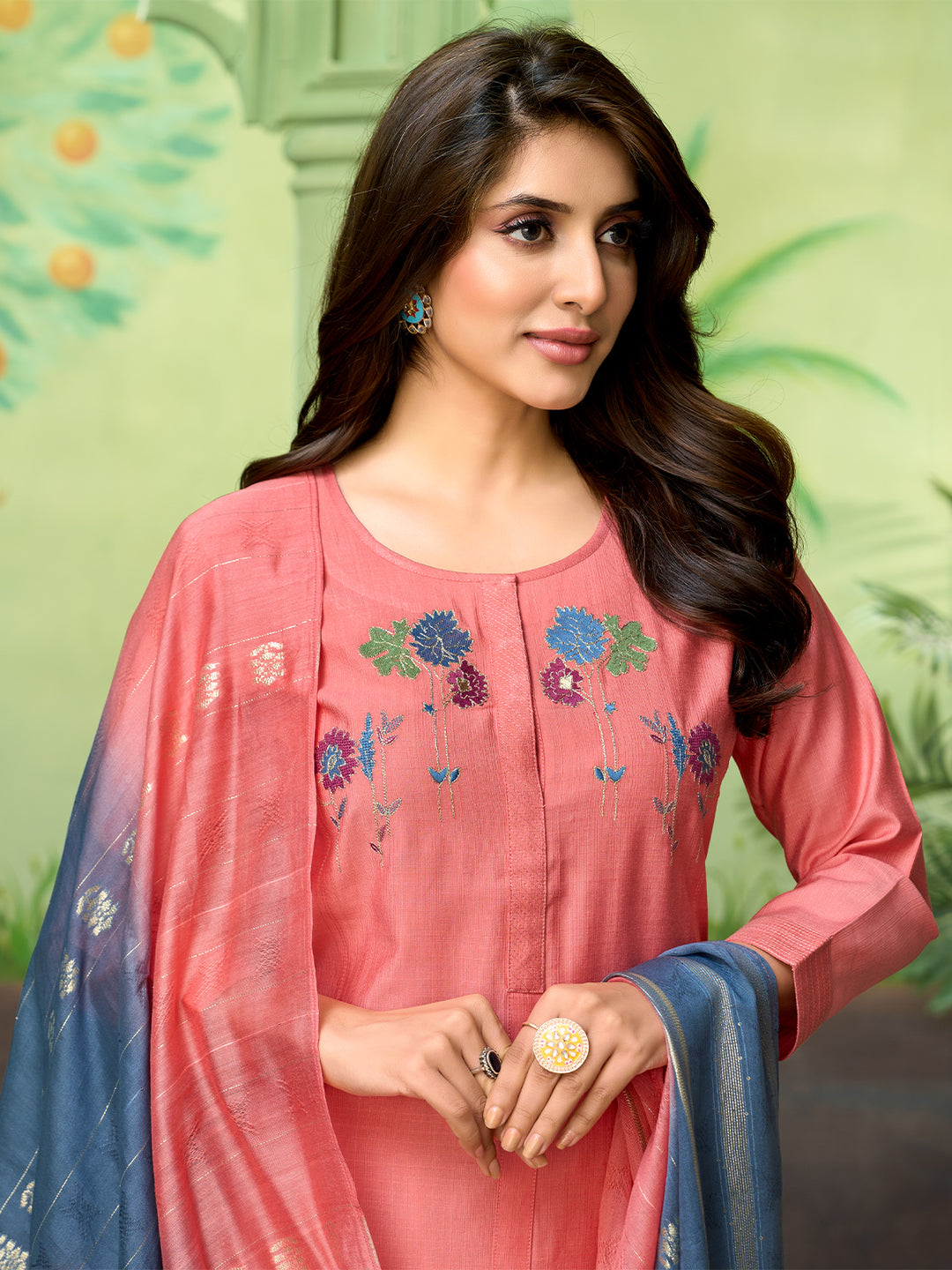 Peach Embroidered Suit Set with Dupatta