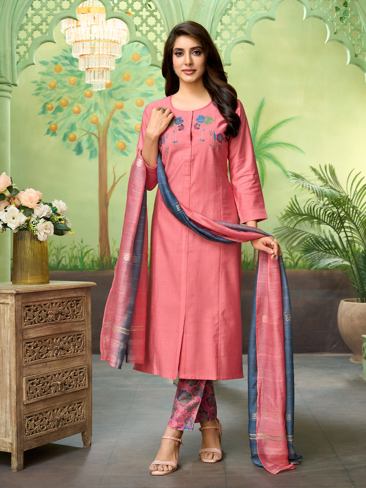 Peach Embroidered Suit Set with Dupatta