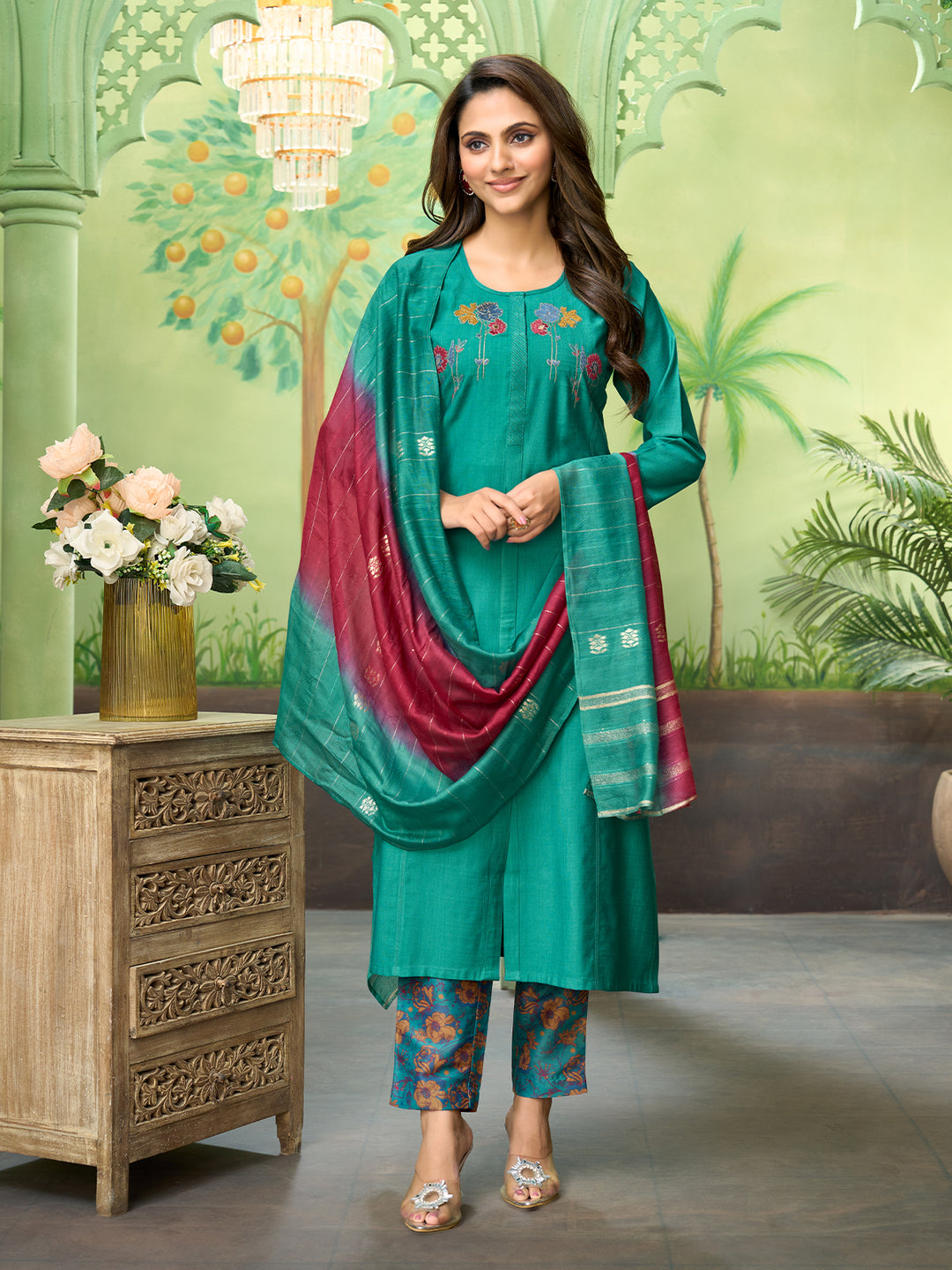 Teal Embroidered Suit Set with Dupatta