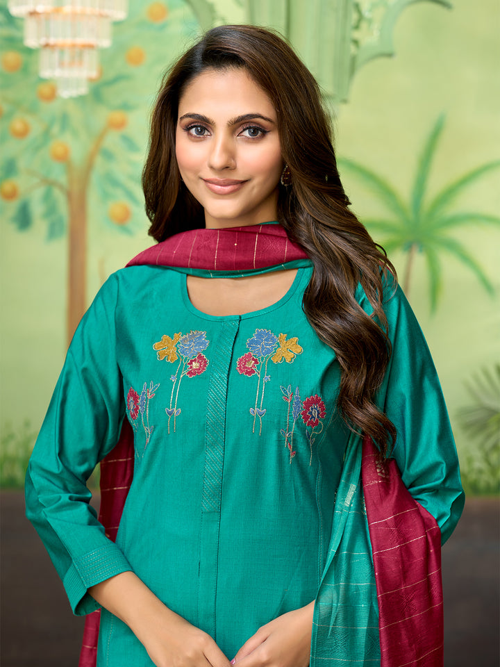 Teal Embroidered Suit Set with Dupatta