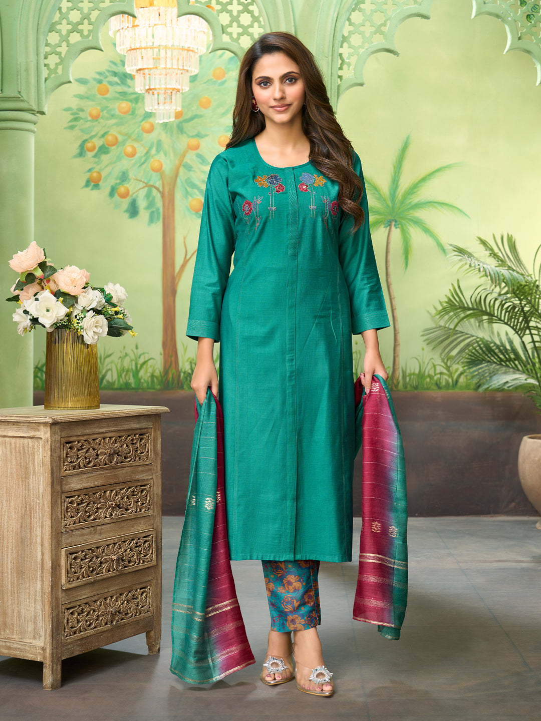 Teal Embroidered Suit Set with Dupatta