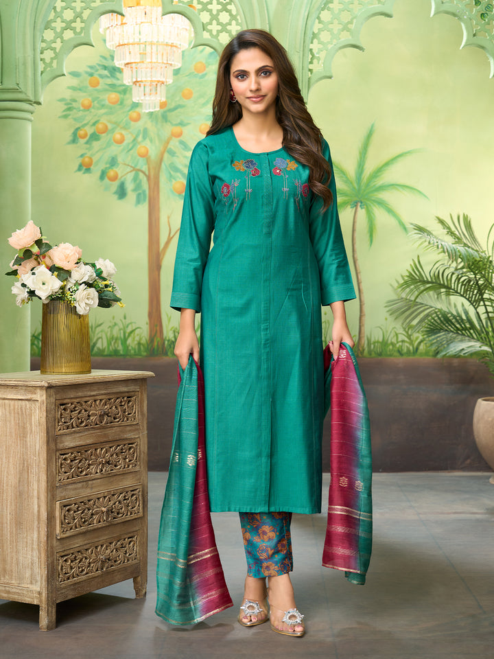 Teal Embroidered Suit Set with Dupatta