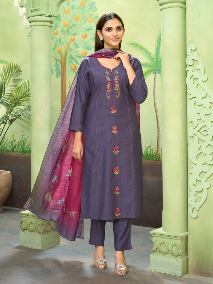 Purple Embroidered Suit Set with Dupatta