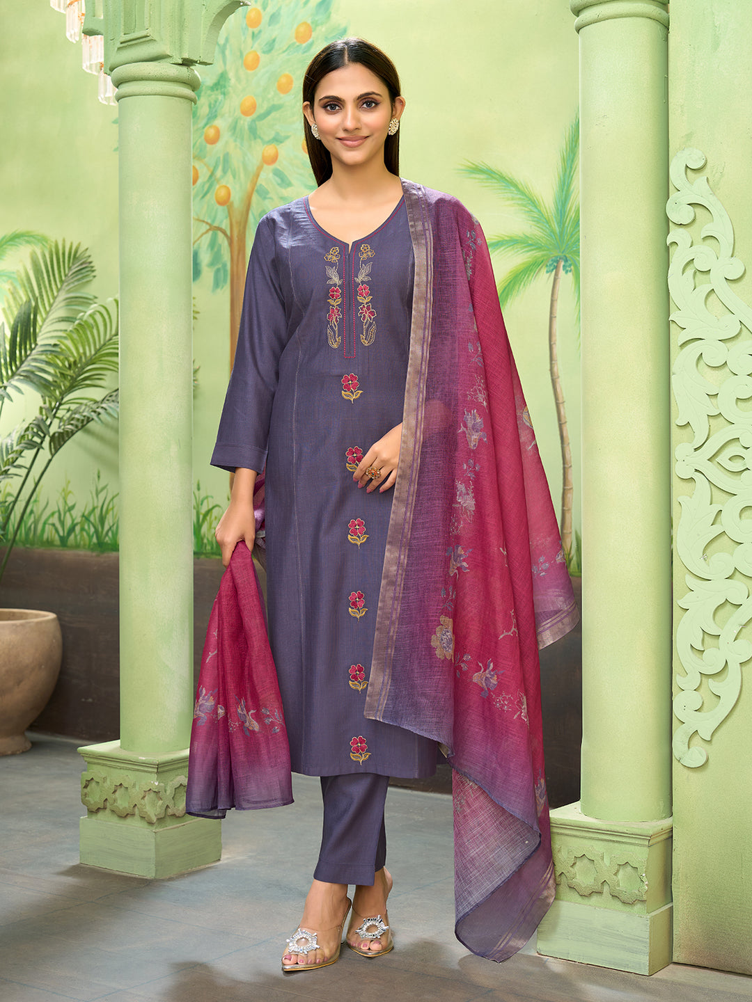 Purple Embroidered Suit Set with Dupatta