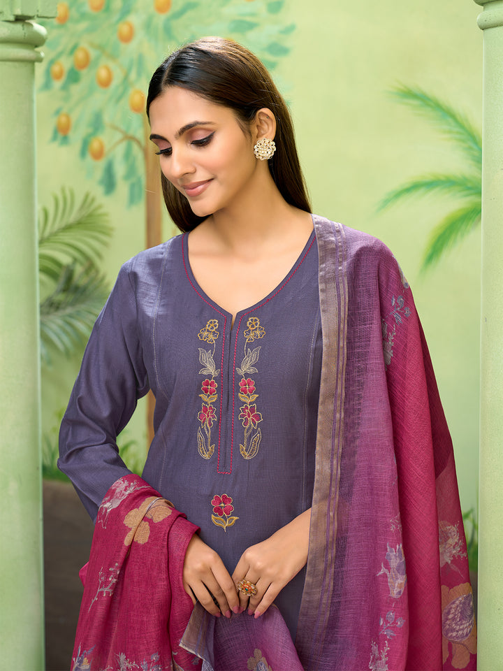 Purple Embroidered Suit Set with Dupatta