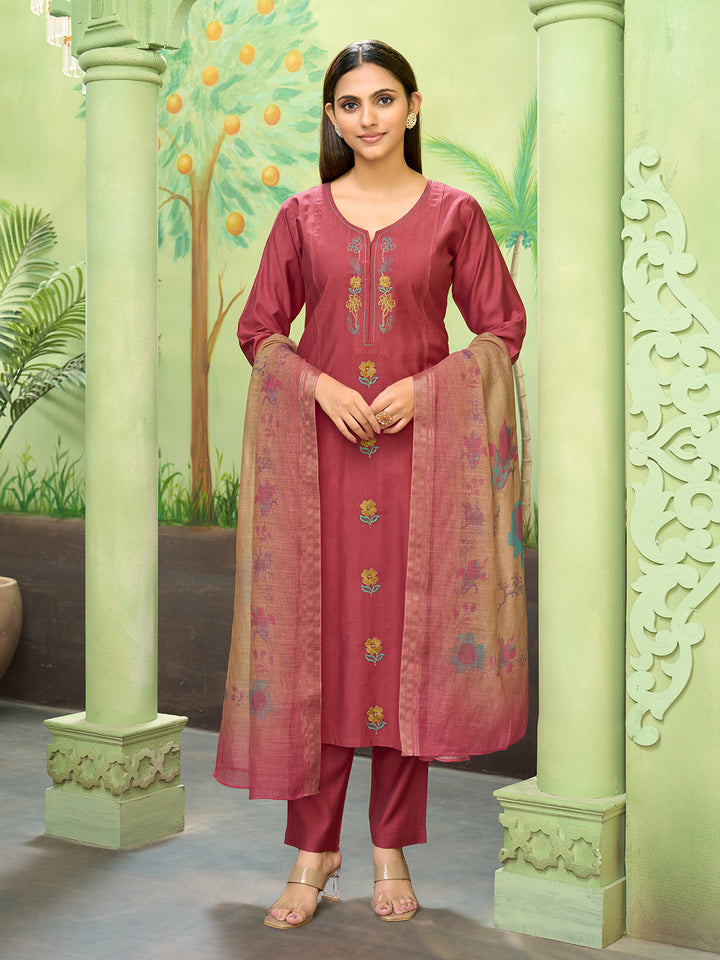 Rust Embroidered Suit Set with Dupatta