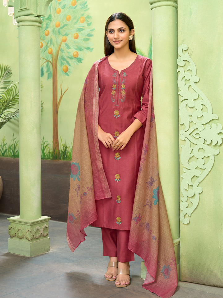 Rust Embroidered Suit Set with Dupatta