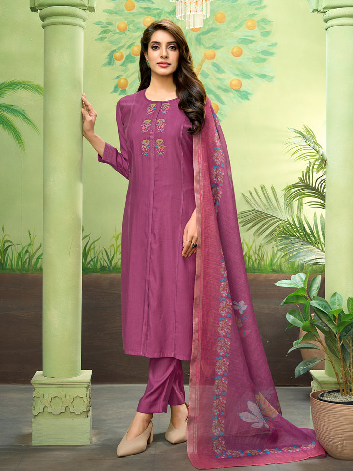 Magenta Embroidered Suit Set with Dupatta