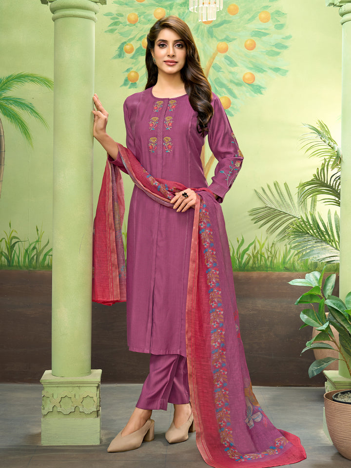 Magenta Embroidered Suit Set with Dupatta