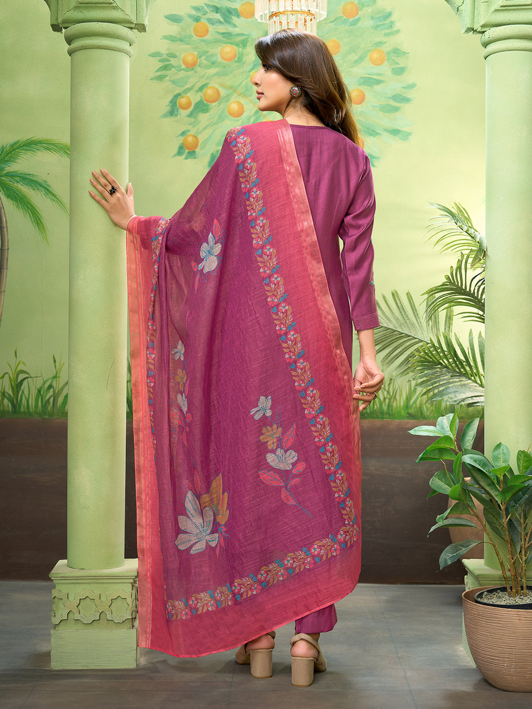 Magenta Embroidered Suit Set with Dupatta