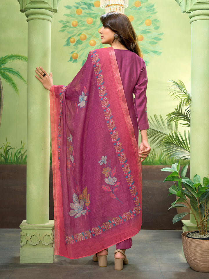 Magenta Embroidered Suit Set with Dupatta