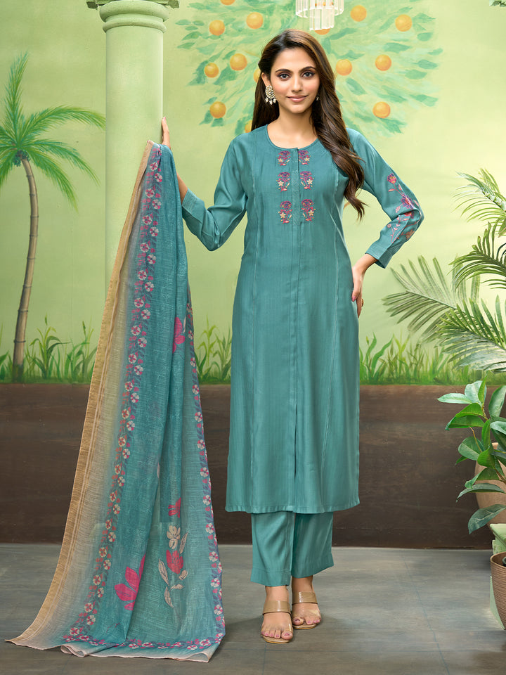 Teal Blue Embroidered Suit Set with Dupatta
