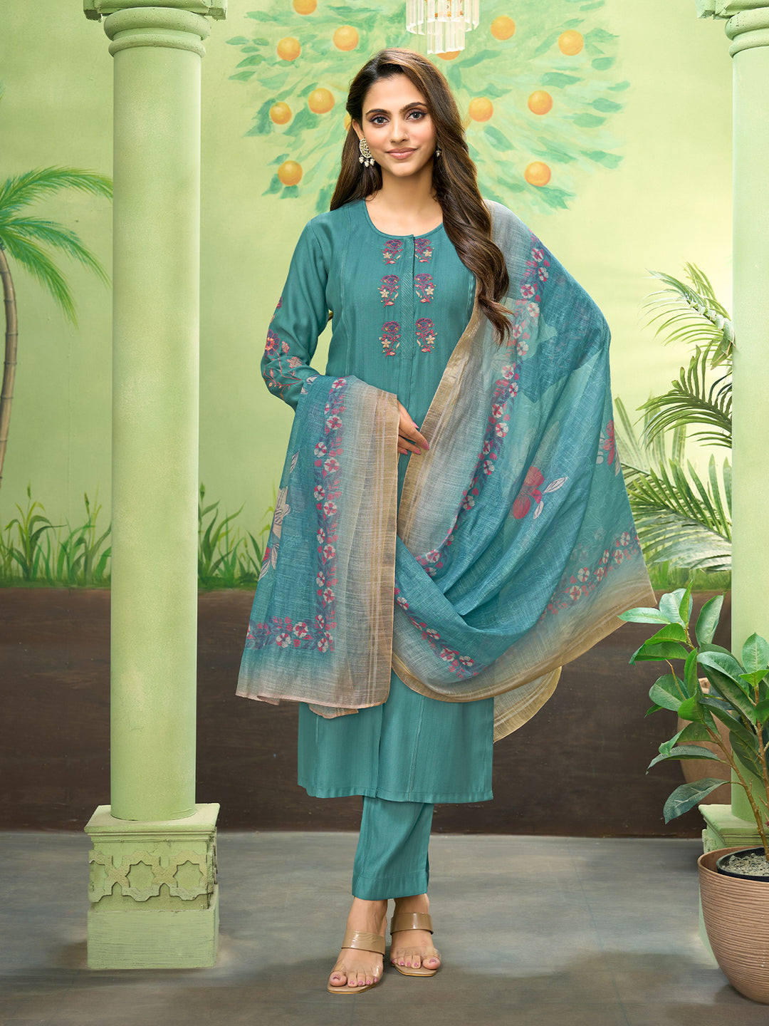 Teal Blue Embroidered Suit Set with Dupatta