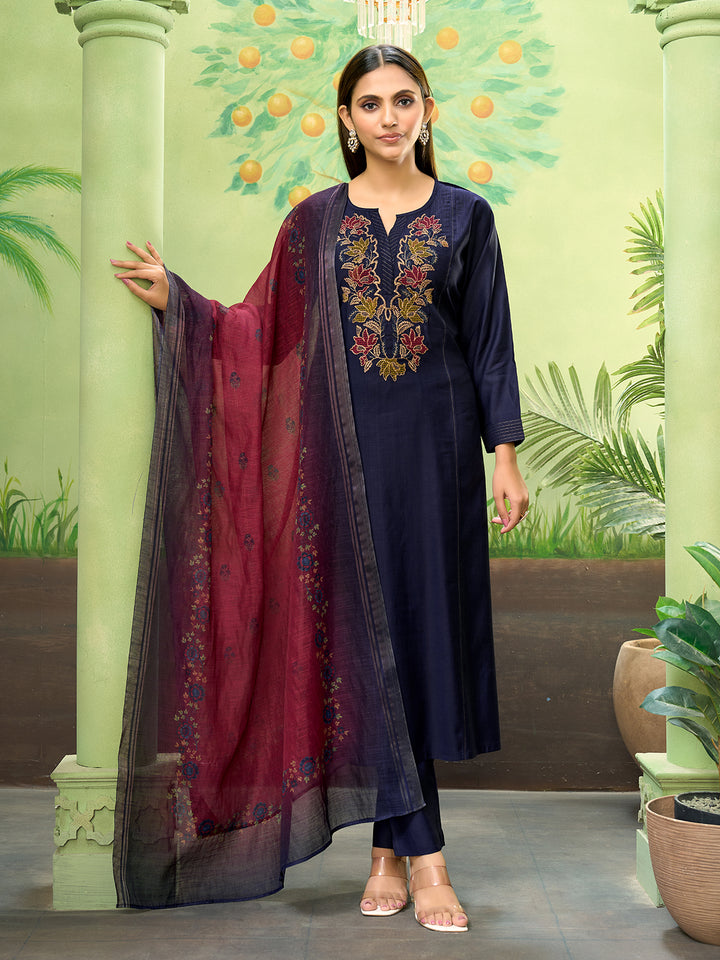 Navy Blue Embroidered Suit Set with Dupatta