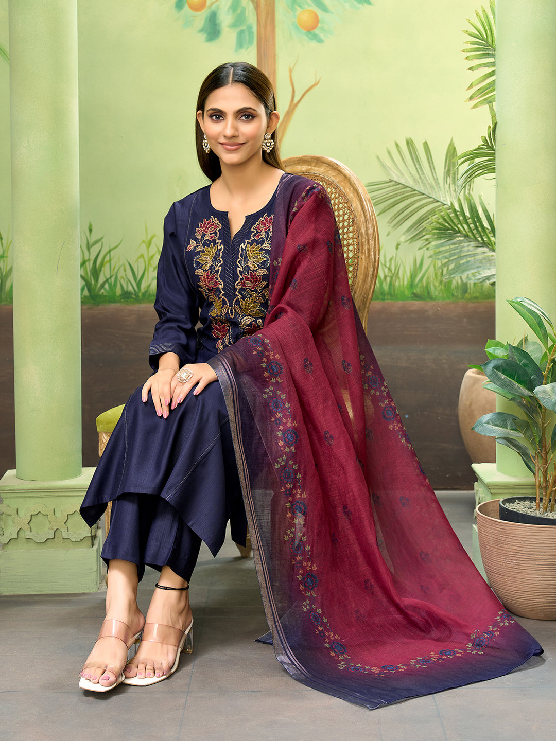 Navy Blue Embroidered Suit Set with Dupatta