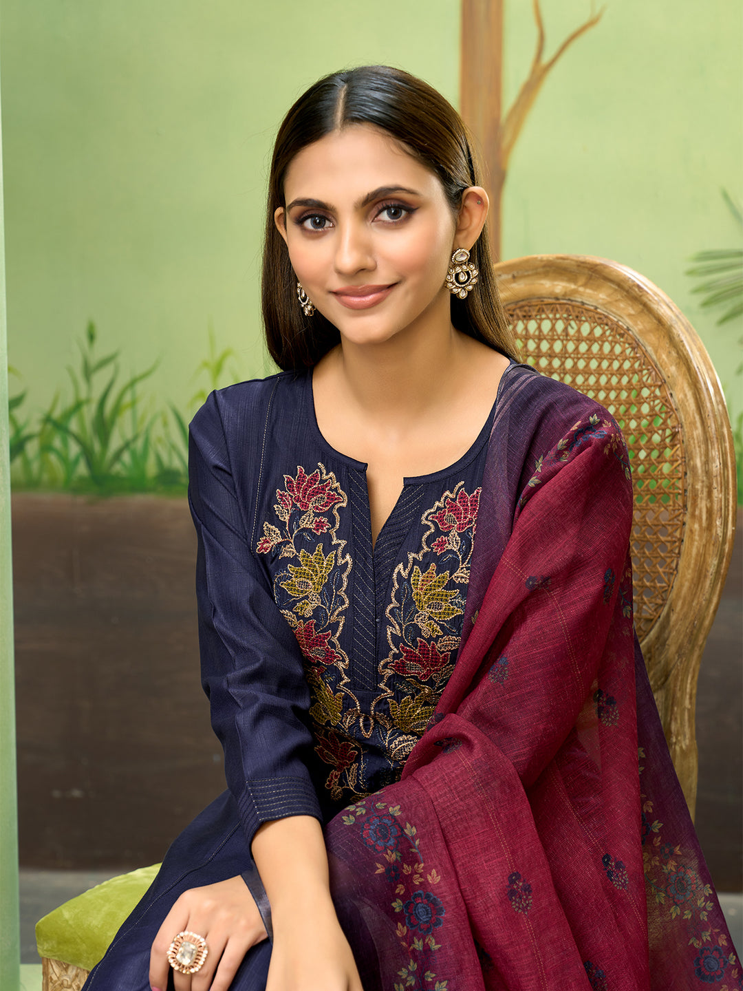 Navy Blue Embroidered Suit Set with Dupatta