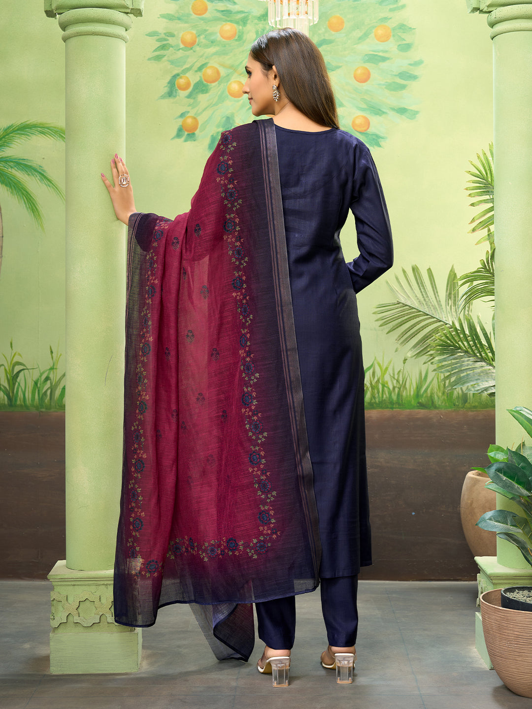 Navy Blue Embroidered Suit Set with Dupatta