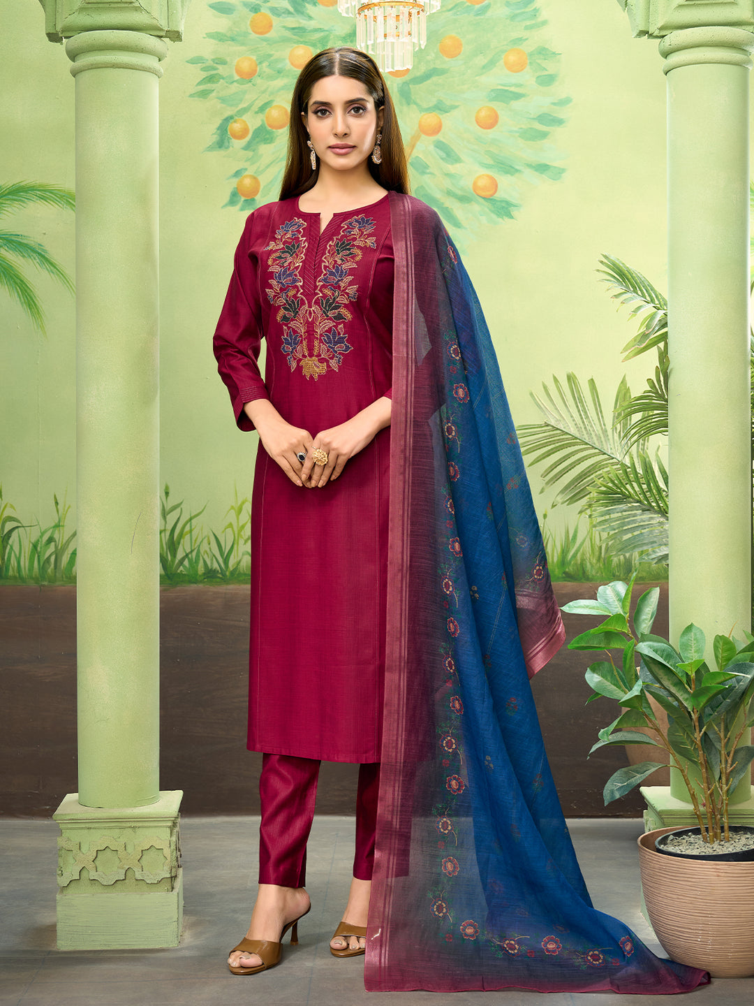 Maroon Embroidered Suit Set with Dupatta