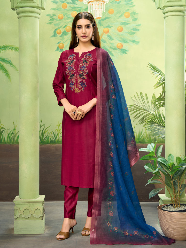 Maroon Embroidered Suit Set with Dupatta