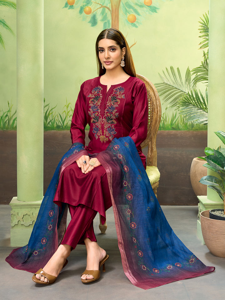 Maroon Embroidered Suit Set with Dupatta