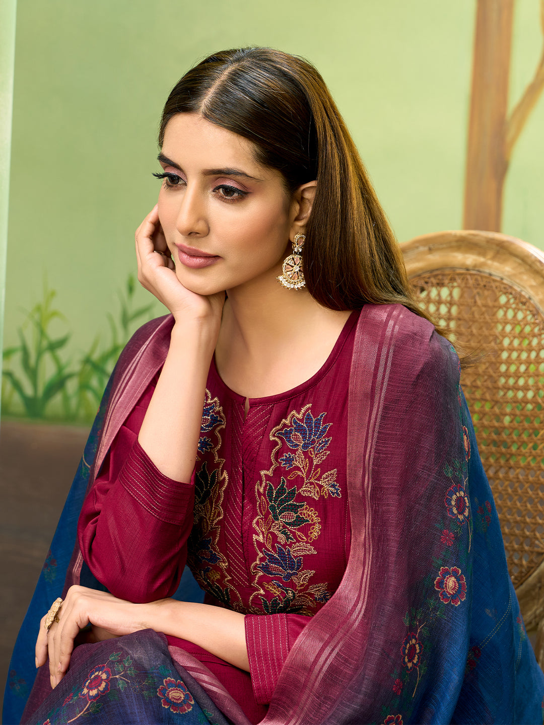 Maroon Embroidered Suit Set with Dupatta