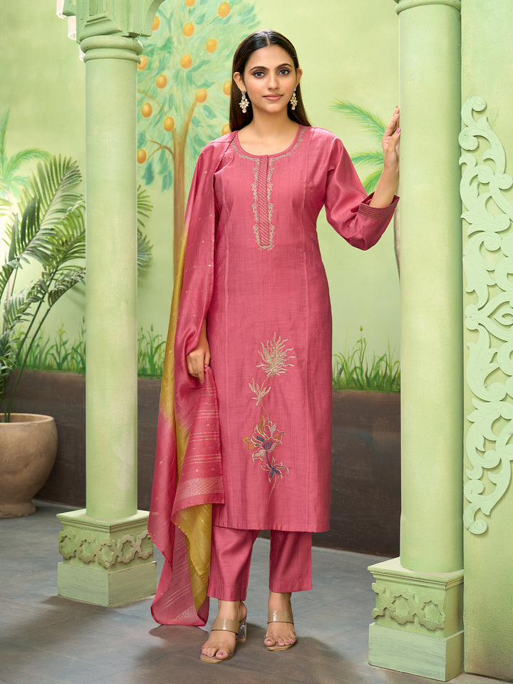 Rose Pink Embroidered Suit Set with Dupatta