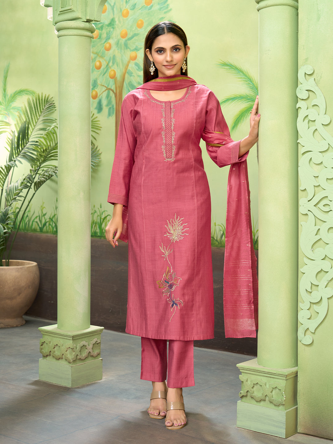 Rose Pink Embroidered Suit Set with Dupatta