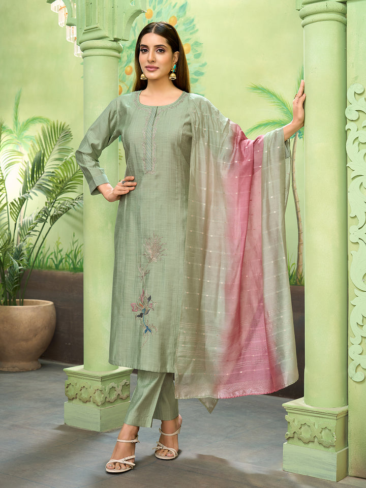 Pista Embroidered Suit Set with Dupatta