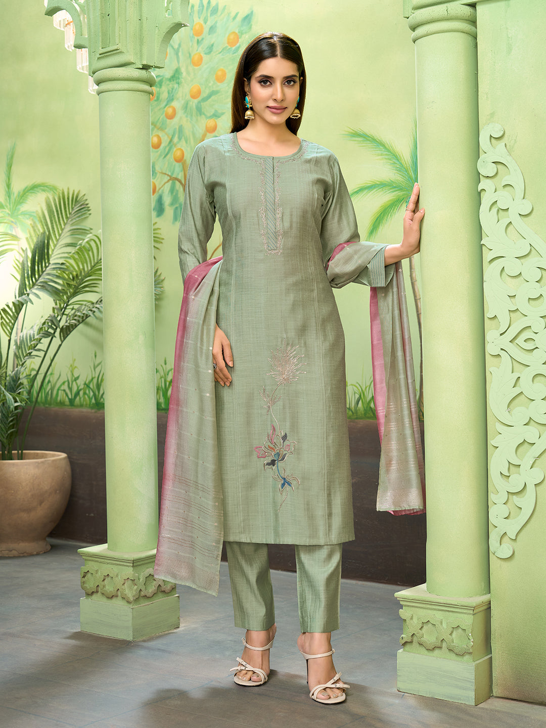 Pista Embroidered Suit Set with Dupatta