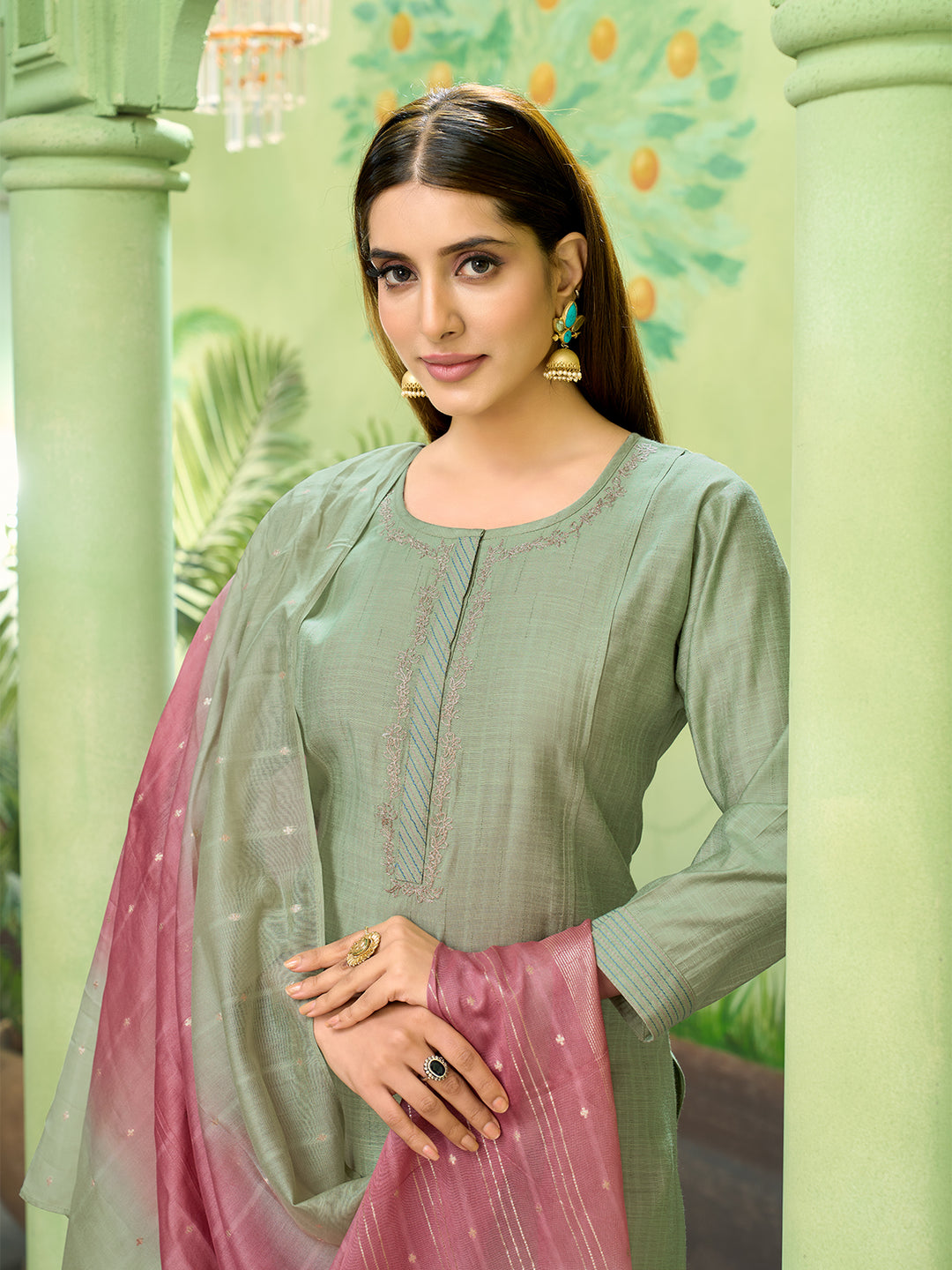 Pista Embroidered Suit Set with Dupatta